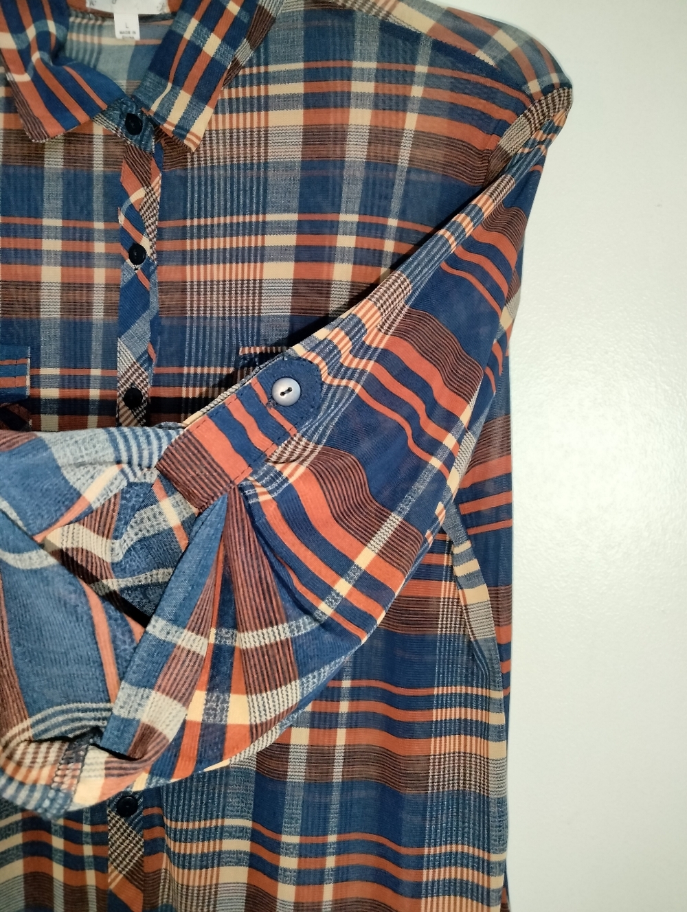 Bailey & Chloe (Sz L) Blue & Brown Plaid Semi-sheer Button Roll Tab Sleev3 Shirt - Picture 3 of 13